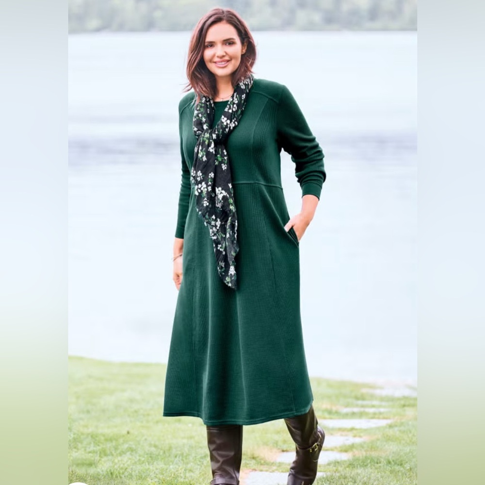 Woman Within Thermal Knit A-Line Dress Emerald Green Size 18/20 NWT